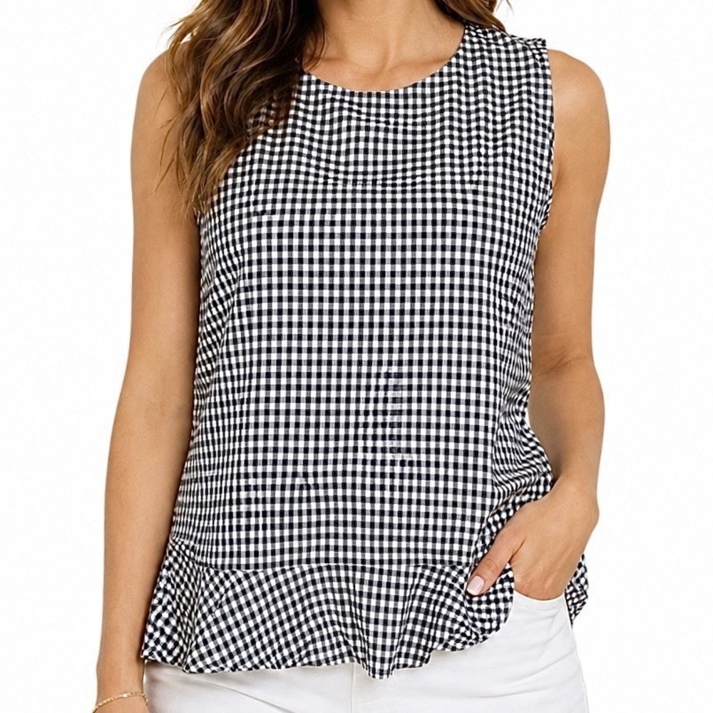 TOMMY HILFIGER Blue White Sleeveless Top sz M Gingham Cottagecore Coastal Casual